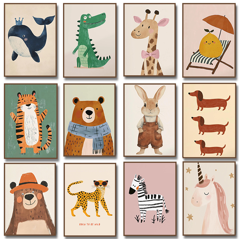 Baby Nursery Giraffe - โปสเตอร์ภาพประกอบสัตว์น่ารัก ยูนิคอร์น หมี เสือ ดัชชุนด์ สุนัข