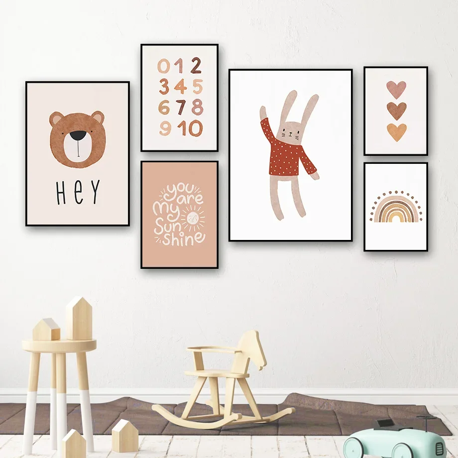 Baby Nursery Themes - 1 ชิ้น--ภาพวาดบนผ้าใบลายหมีการ์ตูนน่ารักสไตล์นอร์ดิกพร้อมธีมสายรุ้งและหัวใจ เหมาะสำหรับตกแต่งห้องเด็กอ่อนหรือห้องเด็ก