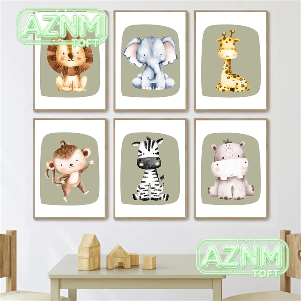 Baby Nursery Giraffe - ภาพพิมพ์บนผ้าใบลายลิงน่ารัก ม้าลาย ยีราฟ สิงโต โปสเตอร์การ์ตูนสีเขียว ตกแต่งผนังห้องเด็ก