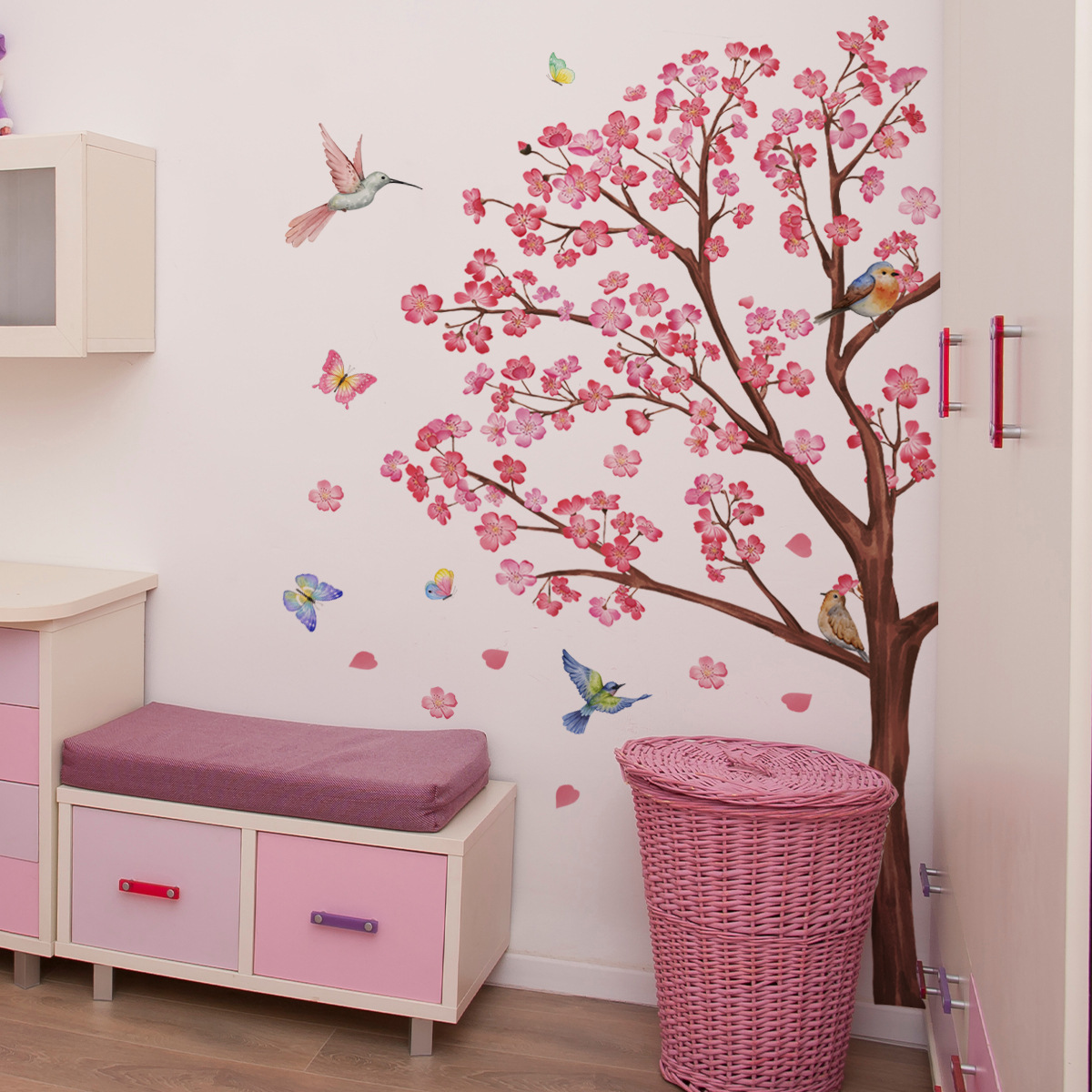 Baby Nursery Accessories - สติ๊กเกอร์ติดผนังลายดอกไม้นกสีน้ำ สำหรับตกแต่งห้องนั่งเล่น ห้องนอน ห้องเด็ก ห้องเด็กอ่อน ของตกแต่งบ้าน