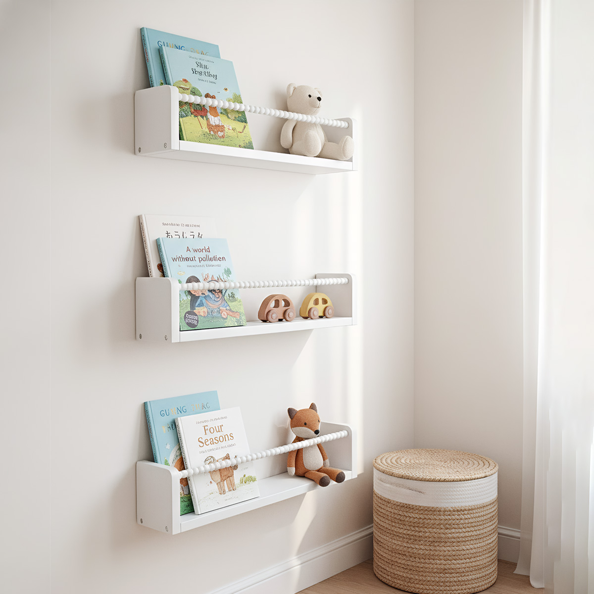 Baby Nursery Floating Shelves - ชั้นวางหนังสือสำหรับห้องเด็ก, ชั้นวางหนังสือไม้แบบแขวนผนังขนาด 15.7 นิ้ว ชุด 3