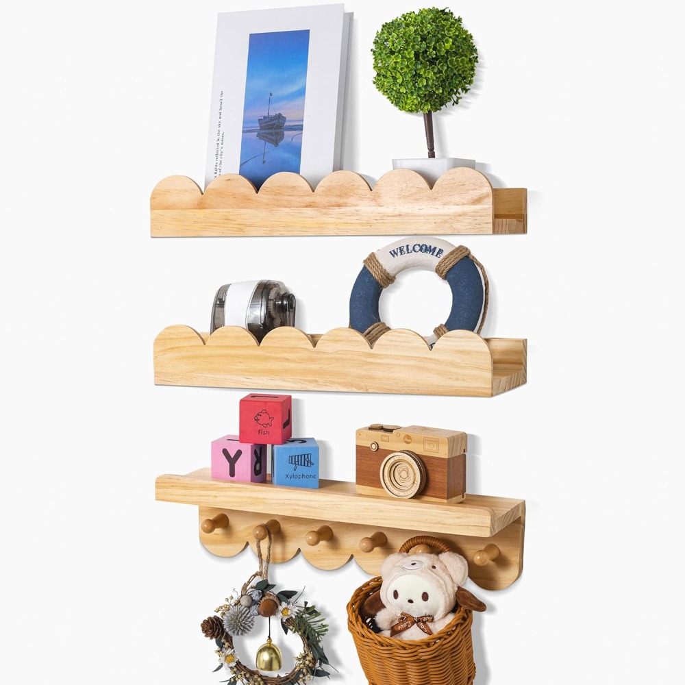 Baby Nursery Floating Shelves - ชั้นวางหนังสือเด็ก 3 ชิ้น ชั้นวางไม้ติดผนังสำหรับเด็ก ชั้นวางแบบขอบหยักสำหรับห้องนอนเด็กเล็ก ห้องเด็กอ่อน