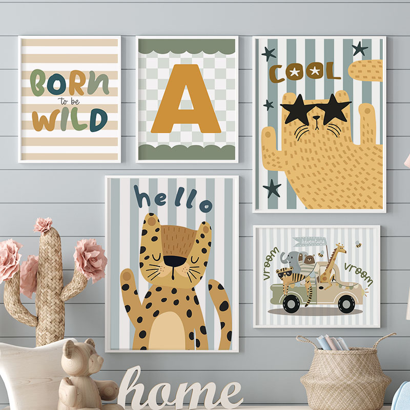 Baby Nursery Giraffe - ภาพพิมพ์บนผ้าใบลายเสือ ลายสิงโต ลายยีราฟ น่ารักๆ สำหรับตกแต่งห้องเด็ก พร้อมชื่อเด็ก