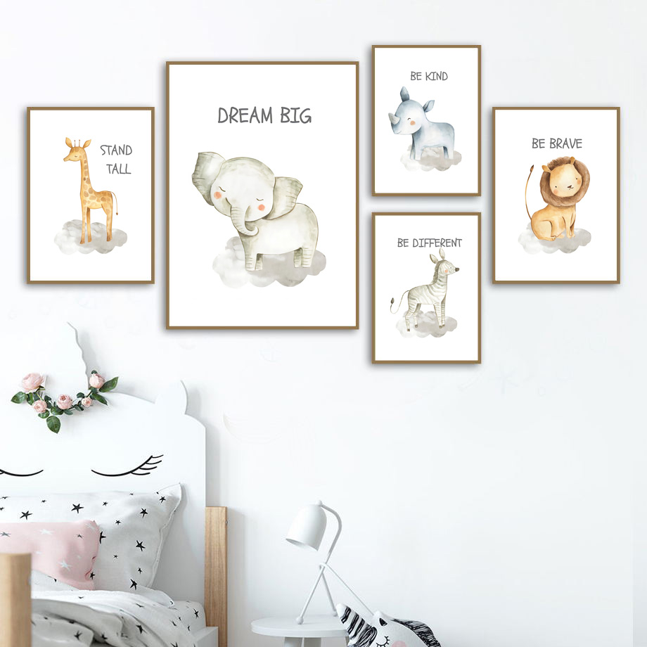 Baby Nursery Giraffe - Nursery Wall Art ภาพวาดผ้าใบสิงโตช้างยีราฟ ZEBRA Tiger