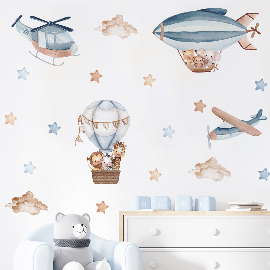 Baby Nursery Products - สีน้ําสัตว์ Hot Air บอลลูนเมฆสติ๊กเกอร์ติดผนังสําหรับห้องเด็ก Baby Nursery