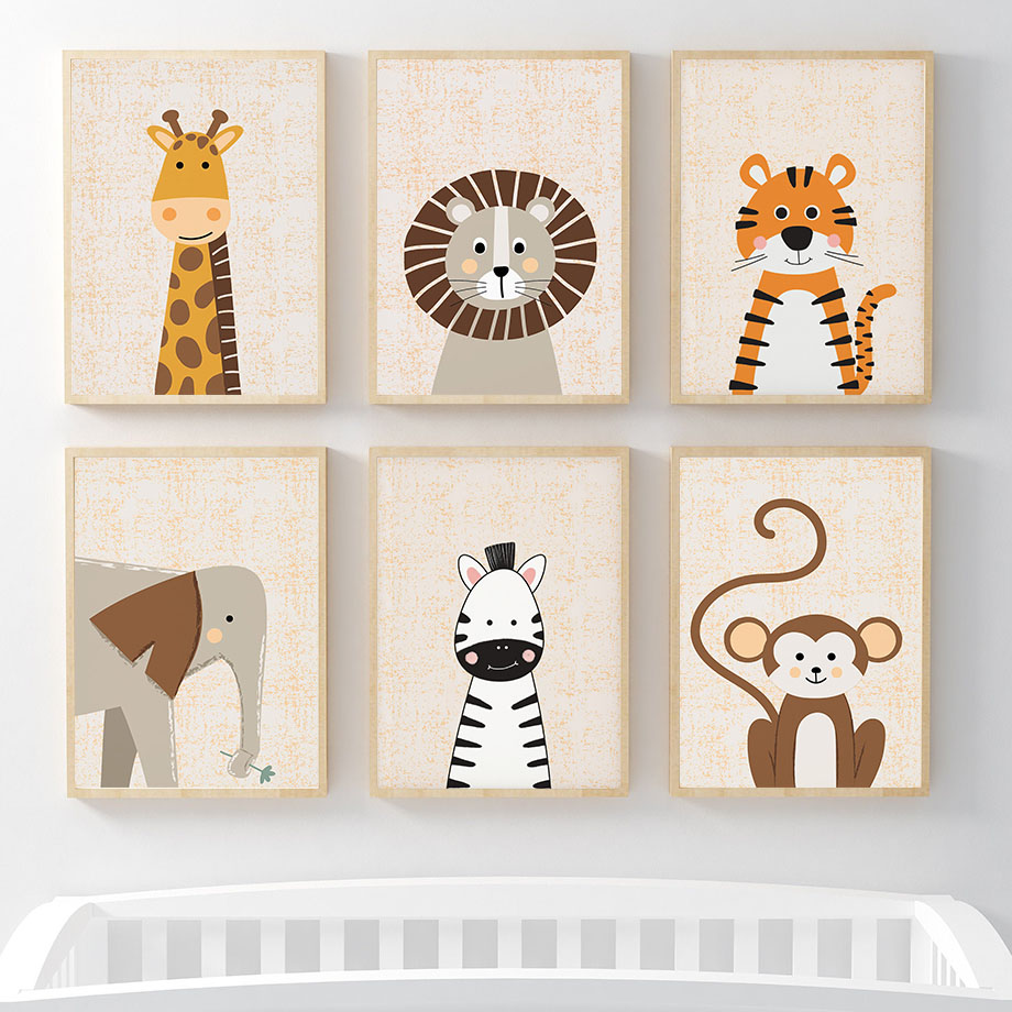 Baby Nursery Giraffe - ภาพวาดบนผ้าใบลายสิงโต ยีราฟ ช้าง ม้าลาย ลิง สำหรับตกแต่งผนังห้องเด็ก