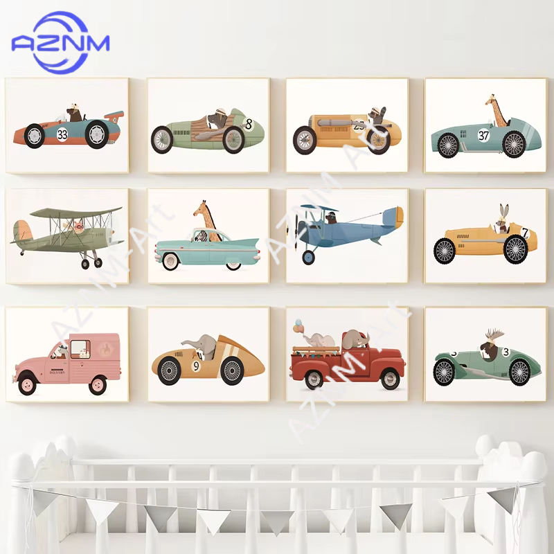Baby Nursery Giraffe - โปสเตอร์การ์ตูนสัตว์บนรถยนต์ 1 ชิ้น ช้าง ยีราฟ แรคคูน