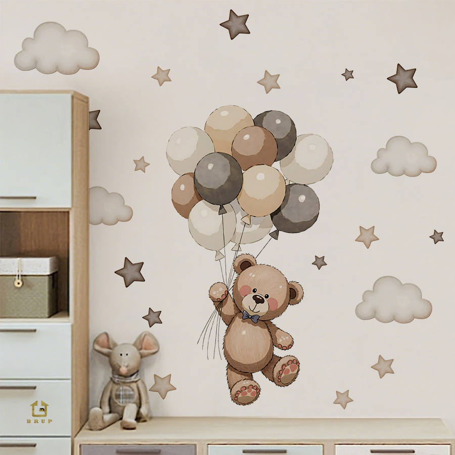 Baby Nursery Products - สติ๊กเกอร์ติดผนังรูปหมีเท็ดดี้ที่น่ารัก ของตกแต่งแบบถอดได้พร้อมลูกโป่ง ดาว และเมฆ สำหรับห้องนอนเด็ก ห้องเล่น