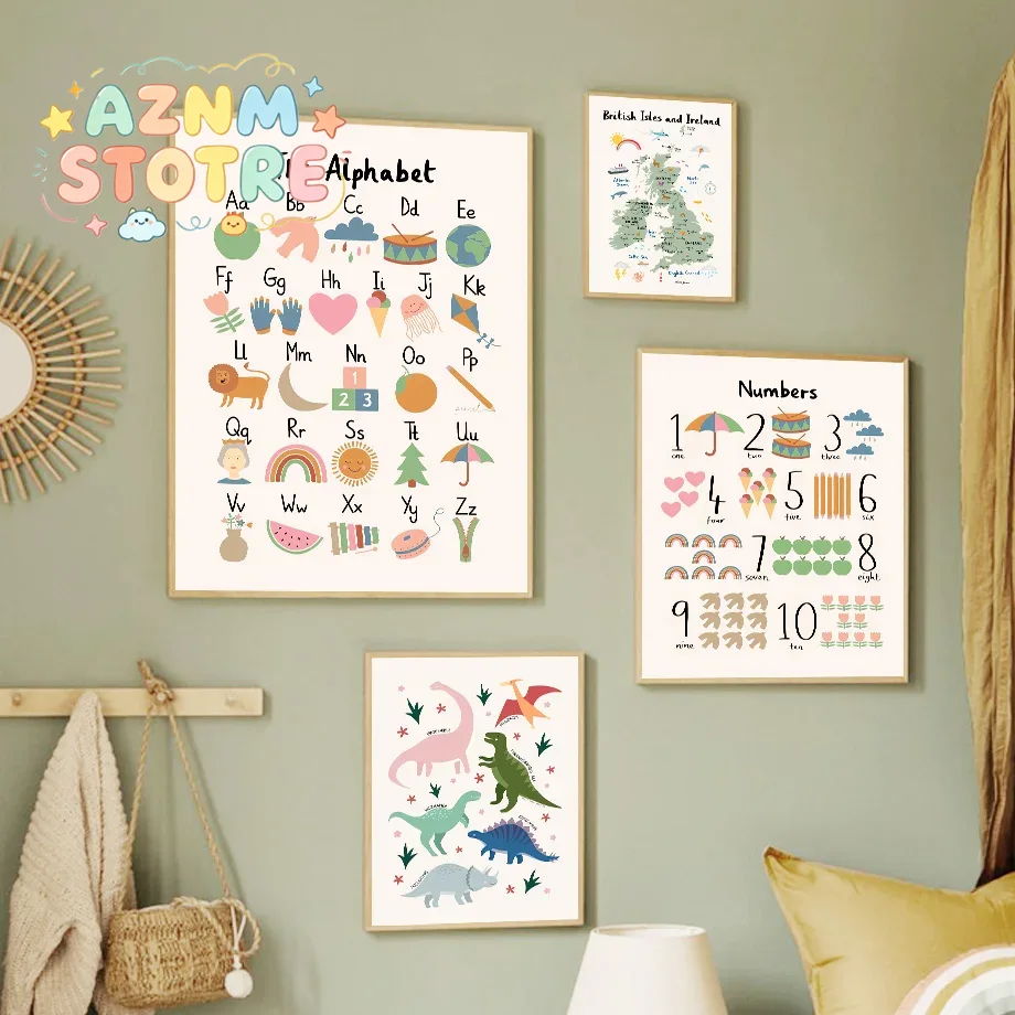 Baby Nursery Products - แผนที่โลกสัตว์ ไดโนเสาร์ ตัวอักษร ตัวเลข ภาพวาดบนผ้าใบ โปสเตอร์ตกแต่งผนังสำหรับห้องเด็กอ่อน